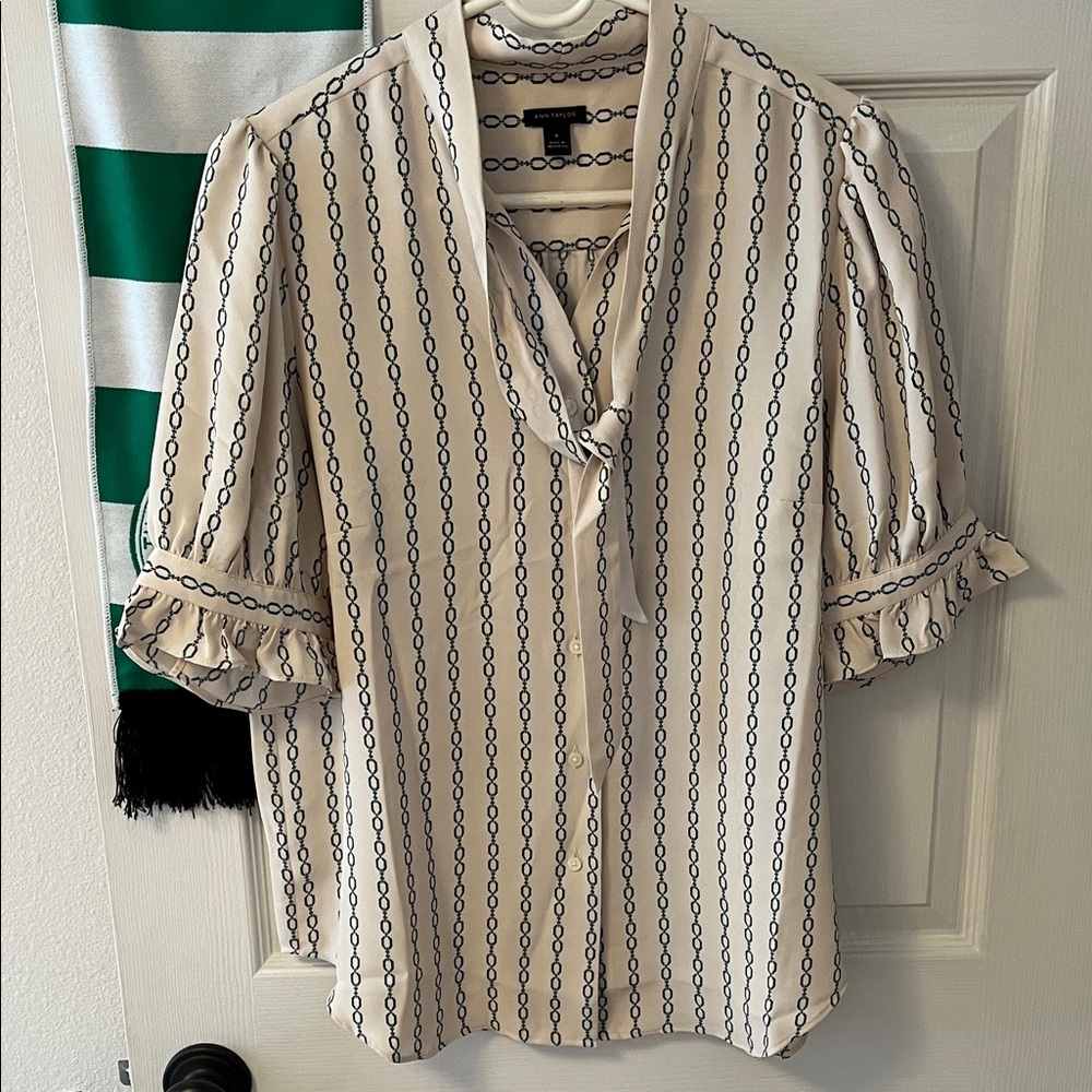 Ann Taylor Cream Blouse with Teal Chain Print